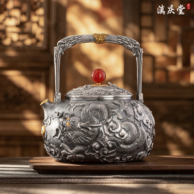 滇庆堂 苍龙献瑞提梁烧水壶银壶足银泡茶壶 中式手工茶具煮泡茶壶