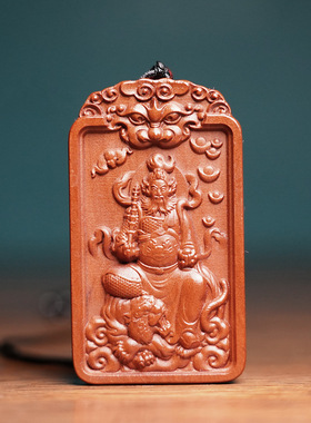 天然雷击枣木武财神赵公明虎头吊牌吊坠把件木牌挂件雕刻男女随身