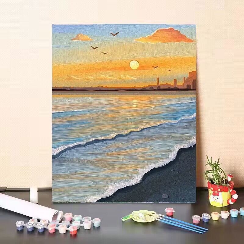 风景diy数字油画夕阳日落丙烯装饰画手绘高级感花卉油彩艺术画图片