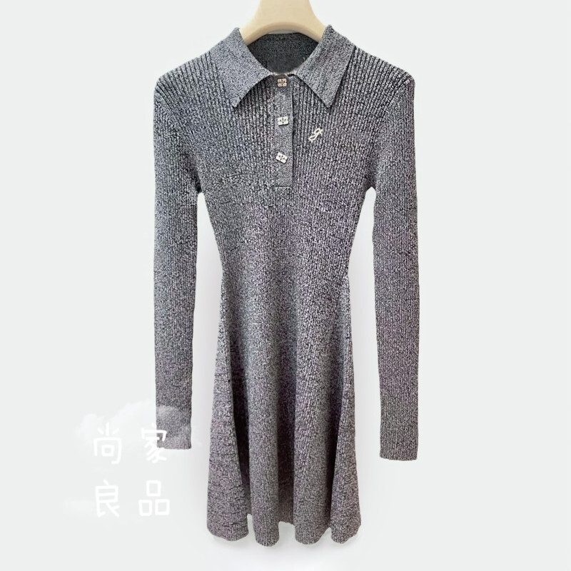 2024春夏GA银湖蓝翻领刺绣学院风显瘦修身短款针织连衣裙短裙女装