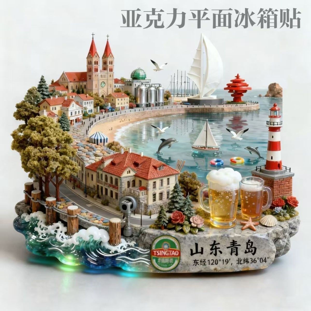 山东青岛亚克力平面冰箱贴五四广场啤酒博物馆栈桥旅游纪念品