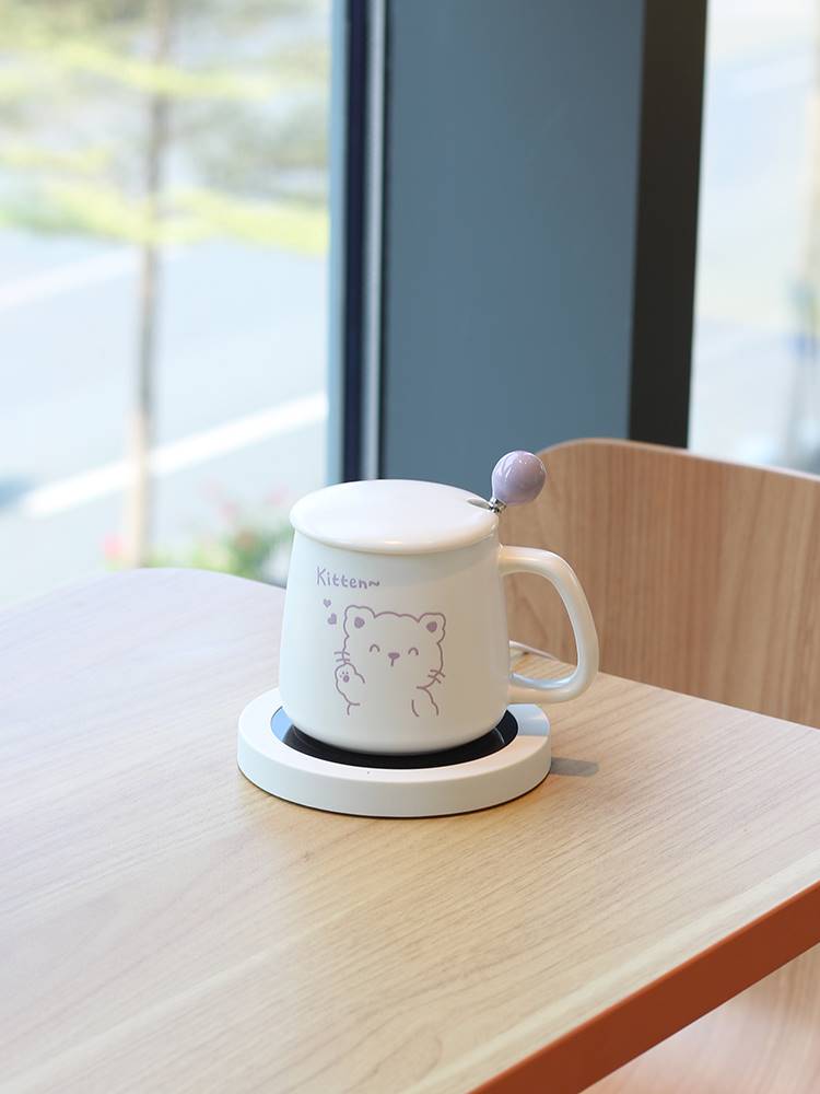 韩式加热恒温55°陶瓷杯带盖勺暖暖杯办公室咖啡杯牛奶早餐杯可爱