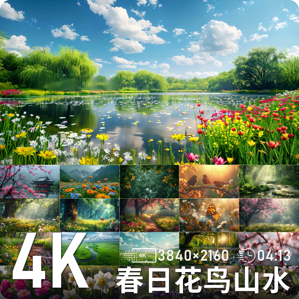 春日山林花海溪流飞鸟蝴蝶蜜蜂清新晨光风景高清动态背景视频素材
