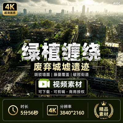高清绿植缠绕废弃城墟破败遗迹斑驳墙面藤蔓覆盖街道视频素材