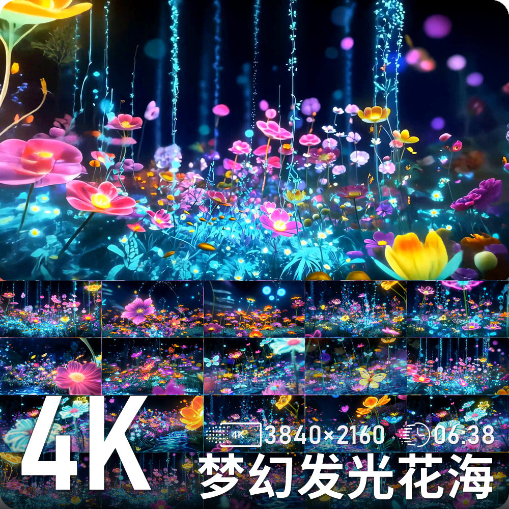 梦幻霓虹发光花海蝴蝶飞舞水面星光夜色绚丽高清动态背景视频素材