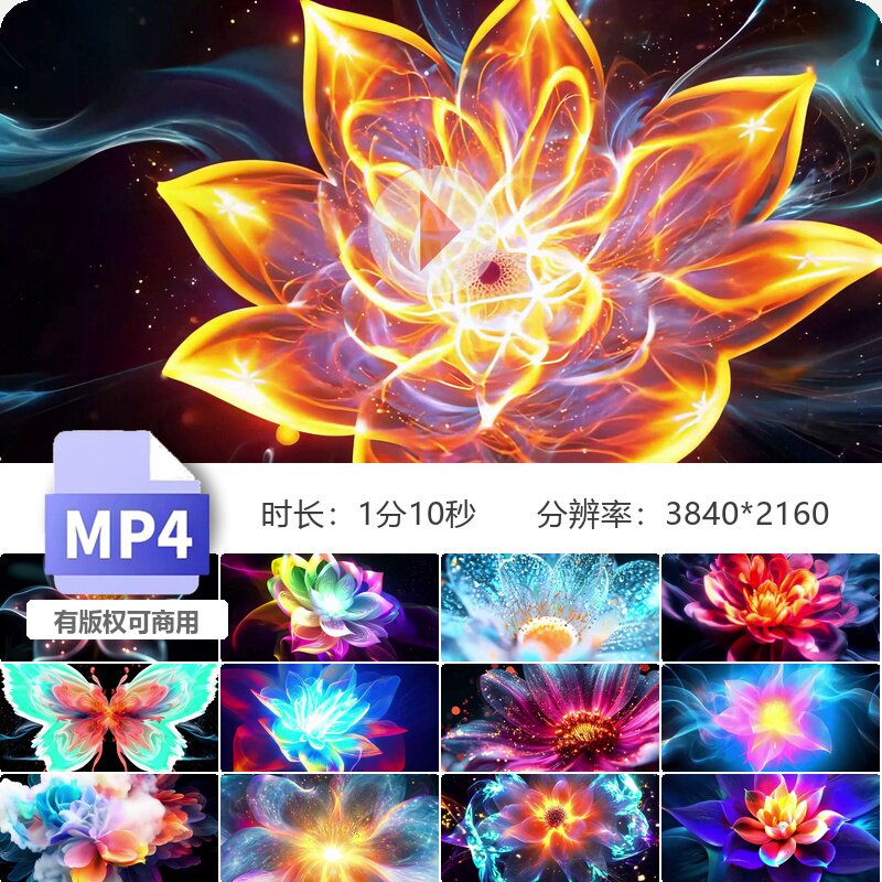高清牡丹盛开全息粒子绽放光线舞台背景LED霓虹唯美梦幻视频素材