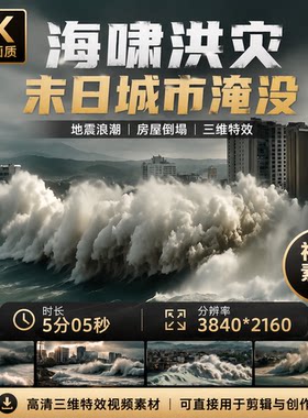 高清海啸洪灾末日城市淹没摧毁三维特效地震浪潮房屋倒塌视频素材