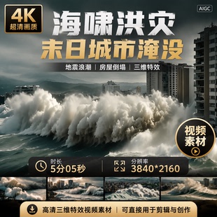 高清海啸洪灾末日城市淹没摧毁三维特效地震浪潮房屋倒塌视频素材