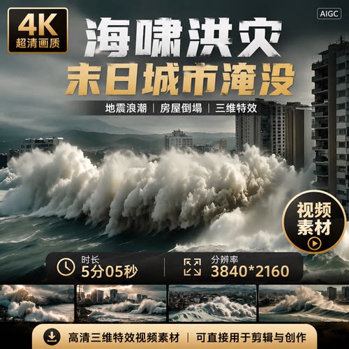 高清海啸洪灾末日城市淹没摧毁三维特效地震浪潮房屋倒塌视频素材