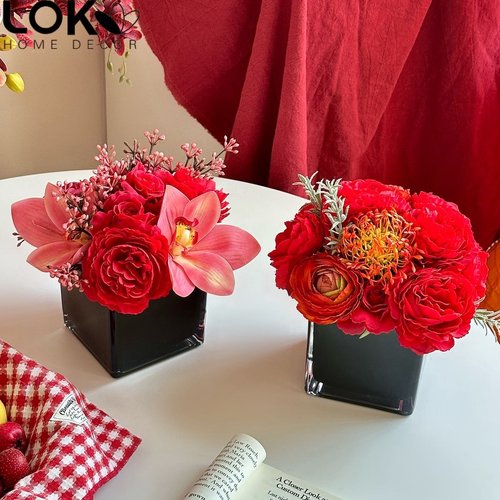 轻奢高端红色仿真花摆件餐桌花艺客厅婚房布置新年假花装饰摆设