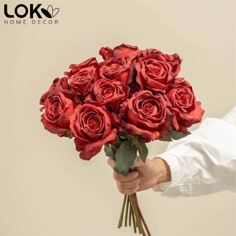复古烤边玫瑰仿真花花束假花玫瑰花摆设花艺