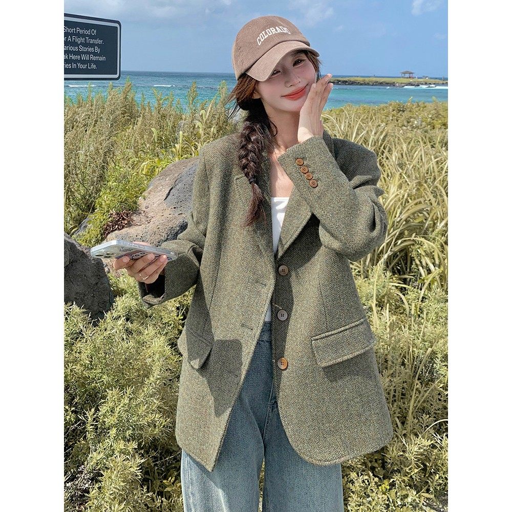 超好看羊毛呢小西装外套女2025冬季韩版休闲气质呢子西服加厚上衣