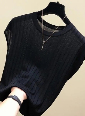 冰丝针织衫女短袖夏季2023新款韩版宽松洋气短款黑色薄款T恤上衣