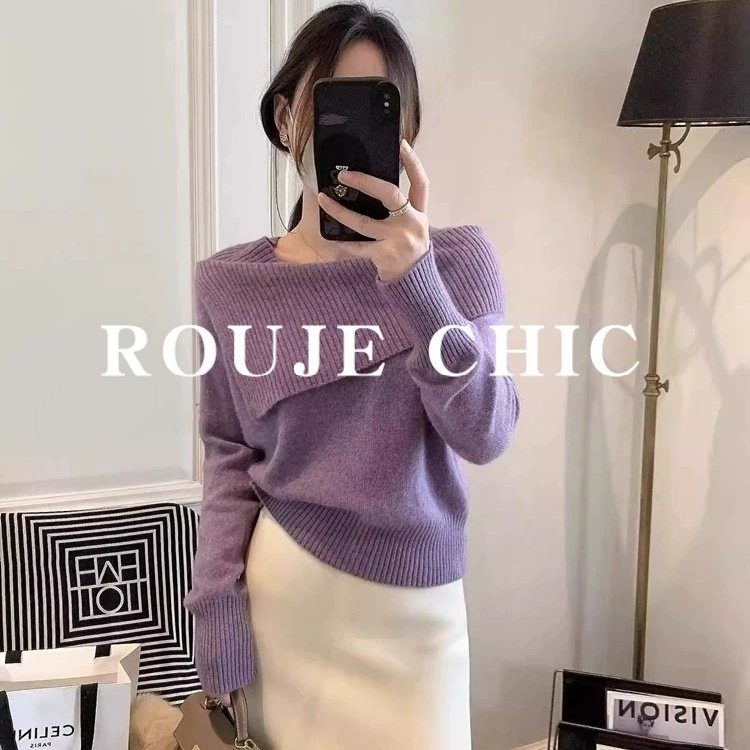 法国rouje chic法式气质紫色一字肩翻领针织衫女秋季时尚打底毛衣,女装/女士精品,大码内搭,淘宝优惠券,粉丝福利购,淘宝优惠卷