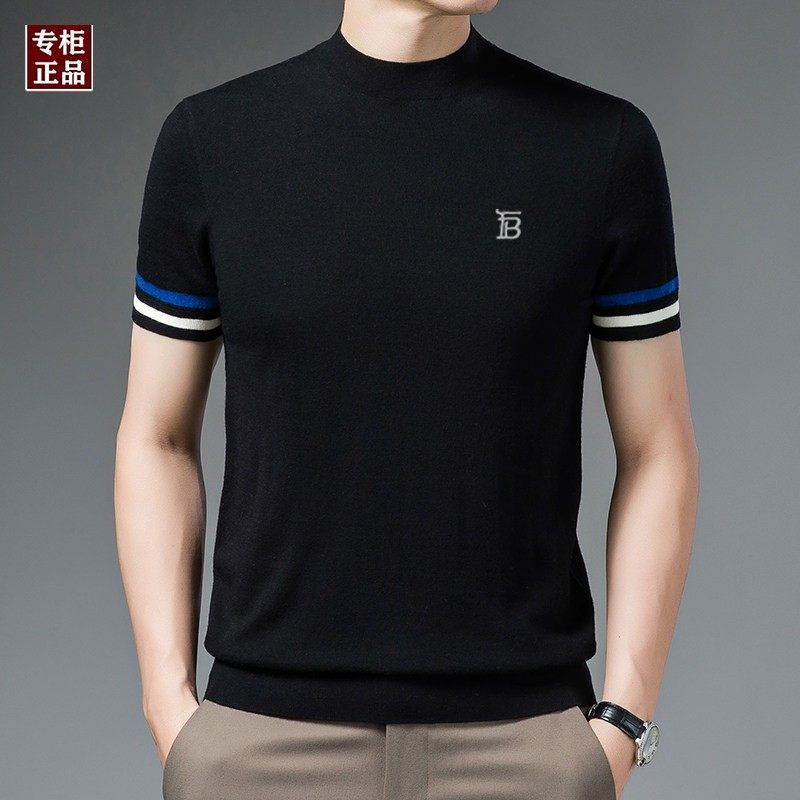 欧洲站英伦巴宝利娇半高领圆领羊毛衫短袖t恤男士薄款打底衫毛衣