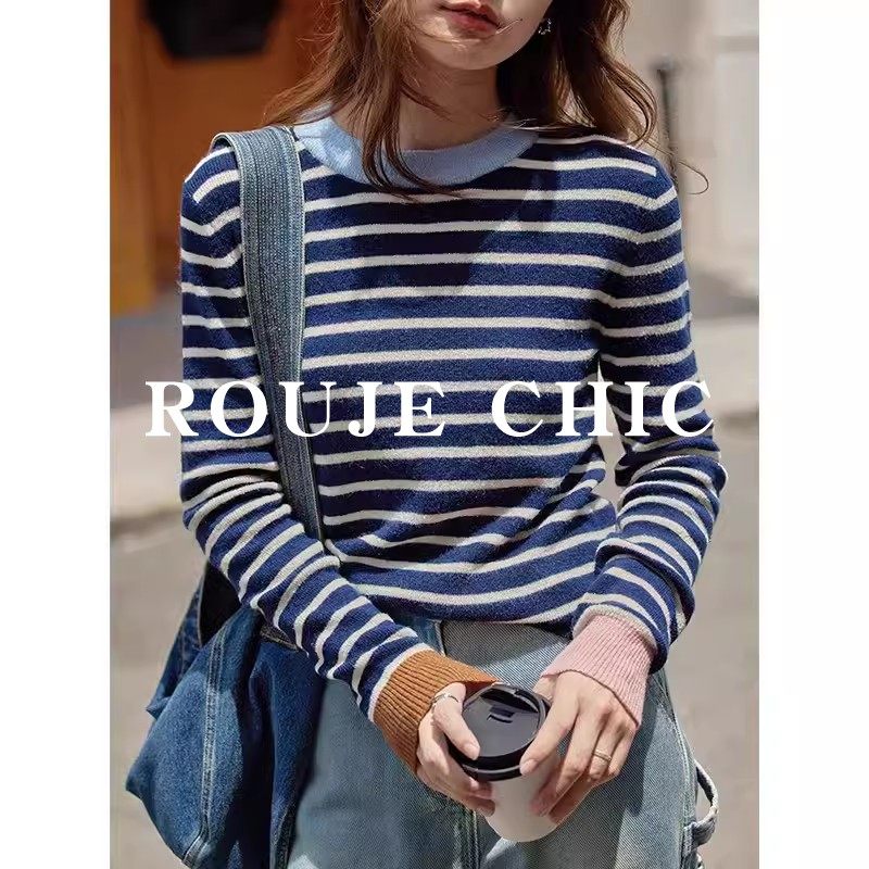 法国rouje chic法式撞色条纹软糯针织衫女春秋修身显瘦毛衣内搭,女装/女士精品,大码内搭,淘宝优惠券,粉丝福利购,淘宝优惠卷