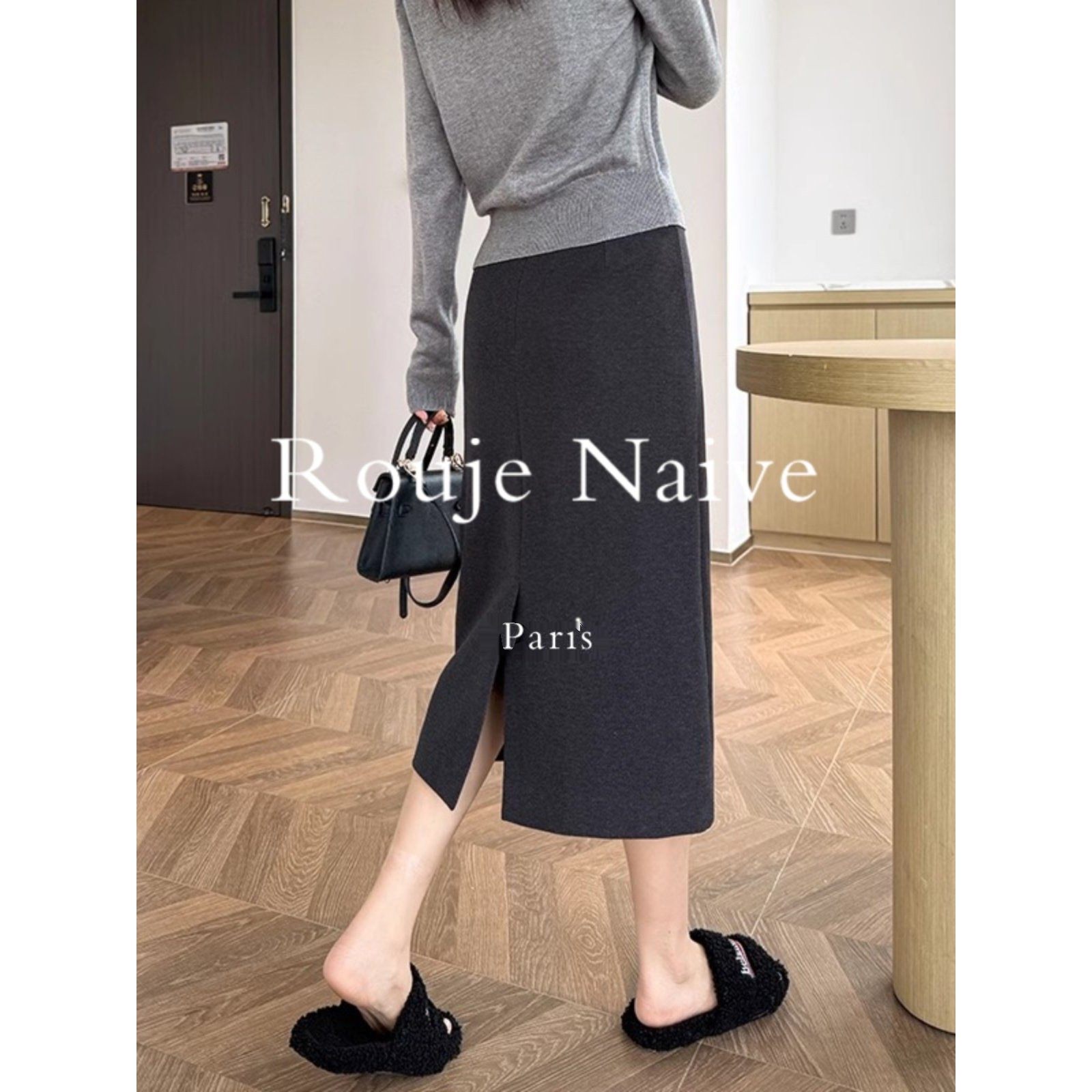 Rouje Naive醋酸羊毛呢开叉半身裙女秋冬高腰垂感一步a字裙包臀裙,女装/女士精品,大码半身裙,淘宝优惠券,粉丝福利购,淘宝优惠卷