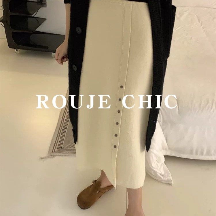 rouje chic法式温柔风白色半身裙女秋冬设计感百搭羊绒针织包臀裙