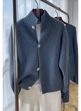 蓝色毛衣男士春秋季新潮品牌慵懒风格高端宽松休闲高领针织开衫夹