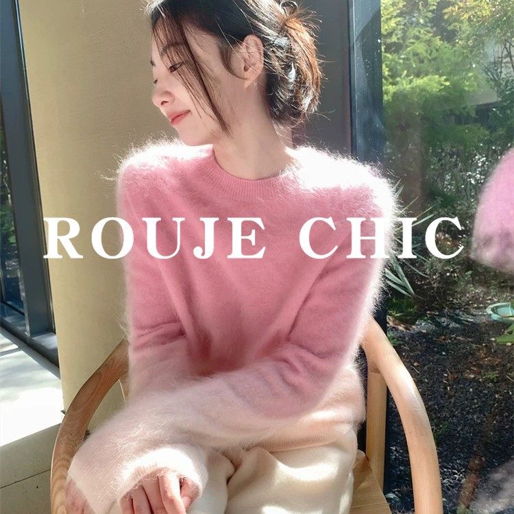 法国rouje chic法式温柔软糯渐变粉水貂绒毛衣女秋冬高级感针织衫,女装/女士精品,大码内搭,淘宝优惠券,粉丝福利购,淘宝优惠卷