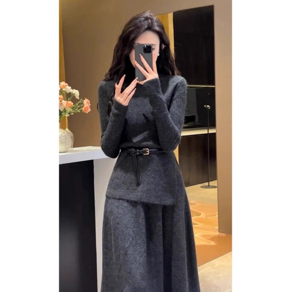 欧洲站2025秋冬新款穿搭一整套针织连衣裙御姐风毛衣套装长裙女装