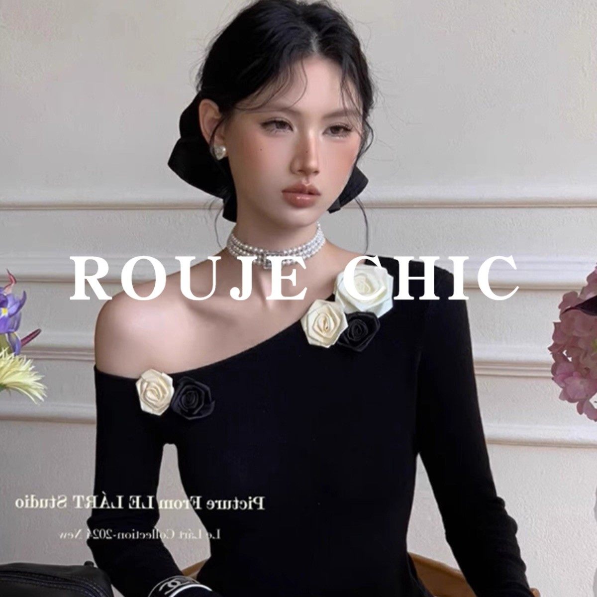 法国rouje chic法式赫本风黑色斜肩立体花朵针织衫女秋季绝美上衣