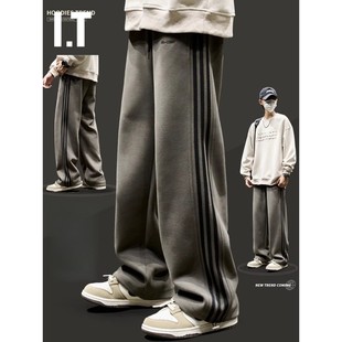 潮牌美式覆古重磅卫裤男士秋冬款加绒加厚直筒侧条纹运动休闲裤子