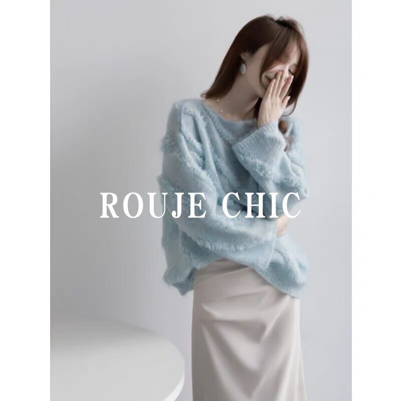 法国rouje chic复古马海毛一字领毛衣女秋冬季套头宽松小众针织衫