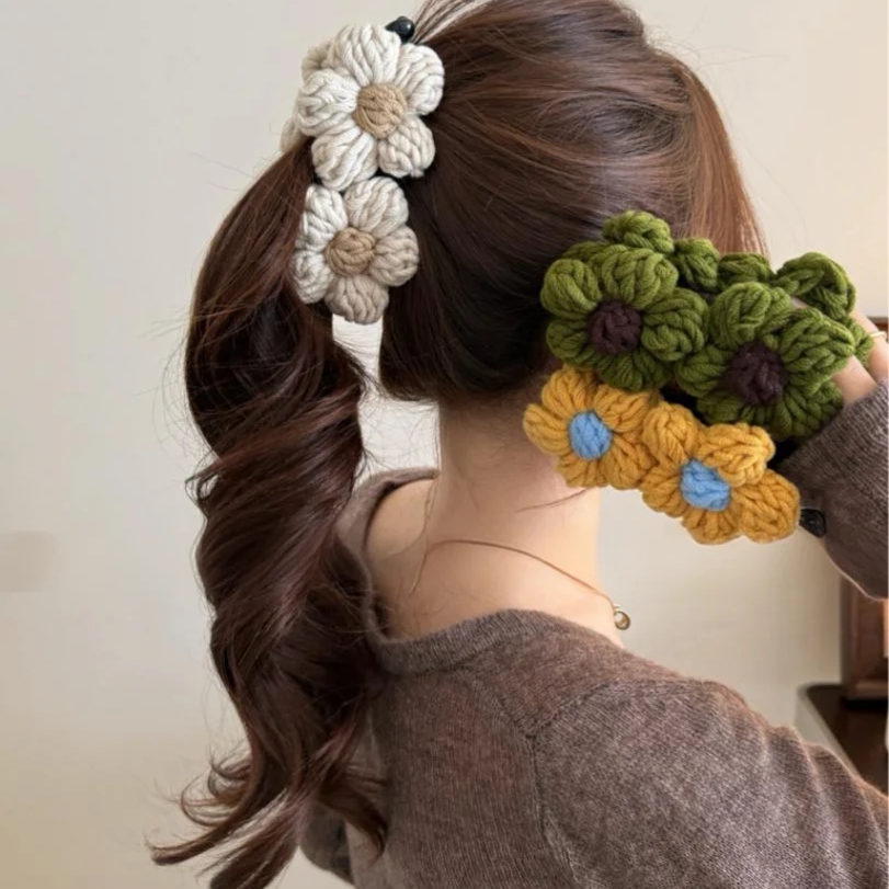 针织毛线双面花朵香蕉夹女秋冬饱满后脑勺马尾夹气质百搭发夹发饰