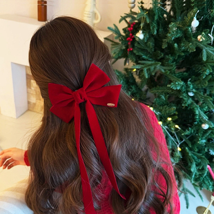 新年红色丝绒蝴蝶结飘带鸭嘴夹甜美半披发发饰后脑勺气质盘发抓夹