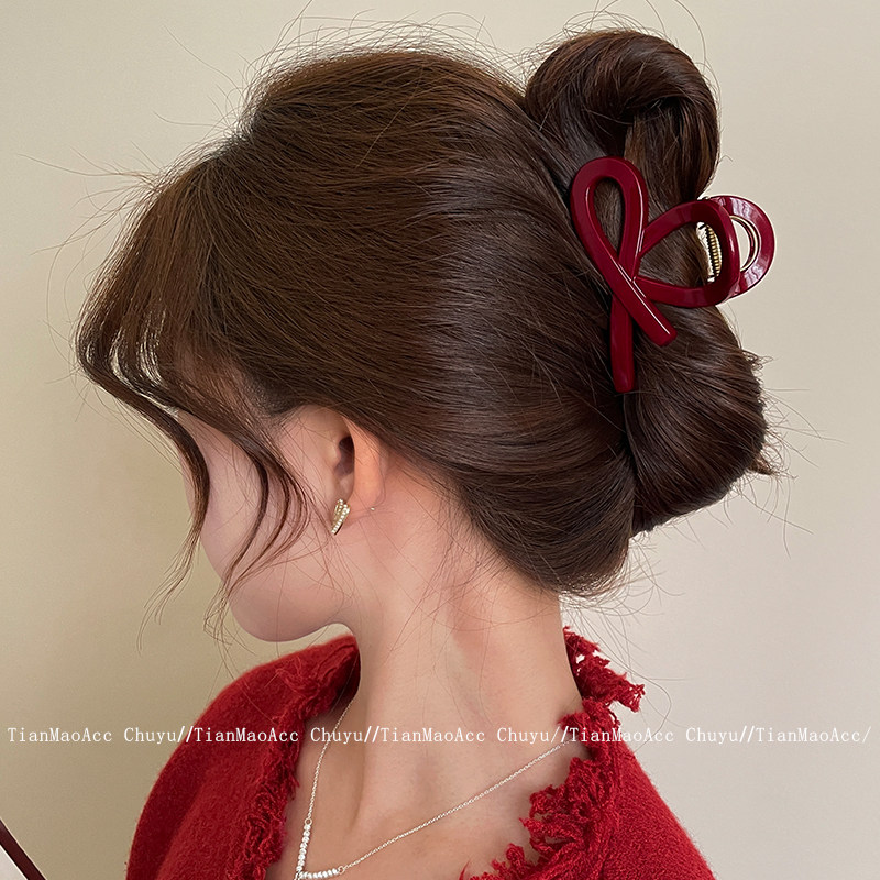 安可拉红2024新款高级感抓夹中号复古酒红鲨鱼夹女后脑勺盘发头饰