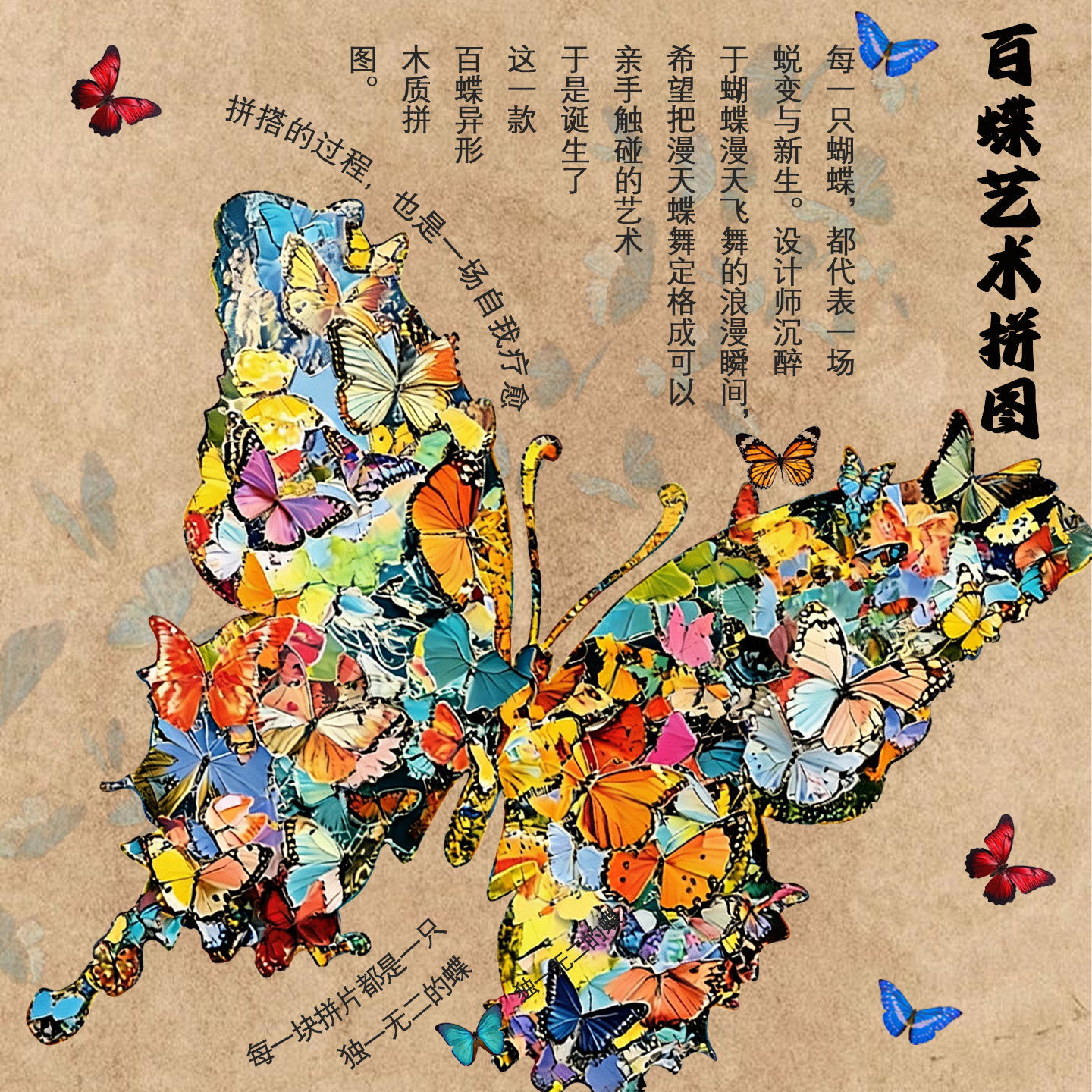 七彩蝴蝶异形木质拼图百蝶图原创设计益智玩具装饰画疗愈解压手工