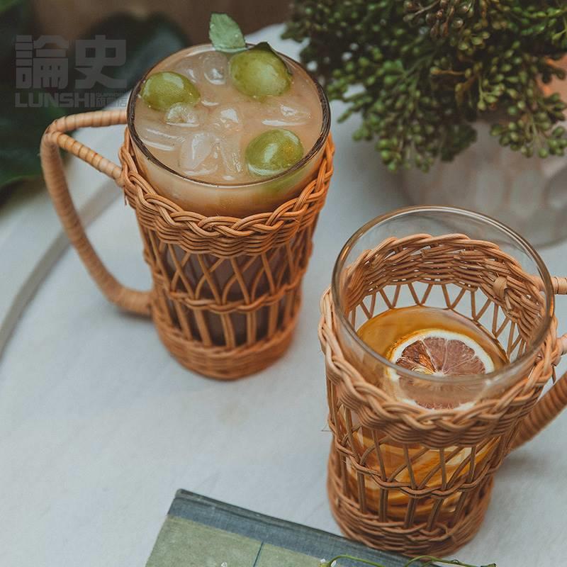 枝慢丨网红ins风藤编杯套带把手加厚玻璃水杯咖啡杯套装森系简约