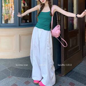 谁穿谁好看！2023新款抽绳裤子缎面拼接设计感白色阔腿裤女夏季