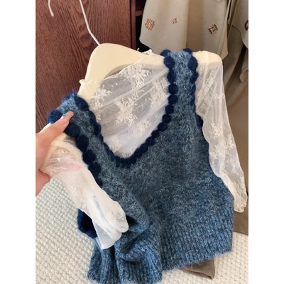 秋新款蓝色无袖羊绒针织马甲女