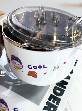 碗学生宿舍餐具泡面碗带盖饭盒不锈钢饭碗卡通韩式大容量方便面碗