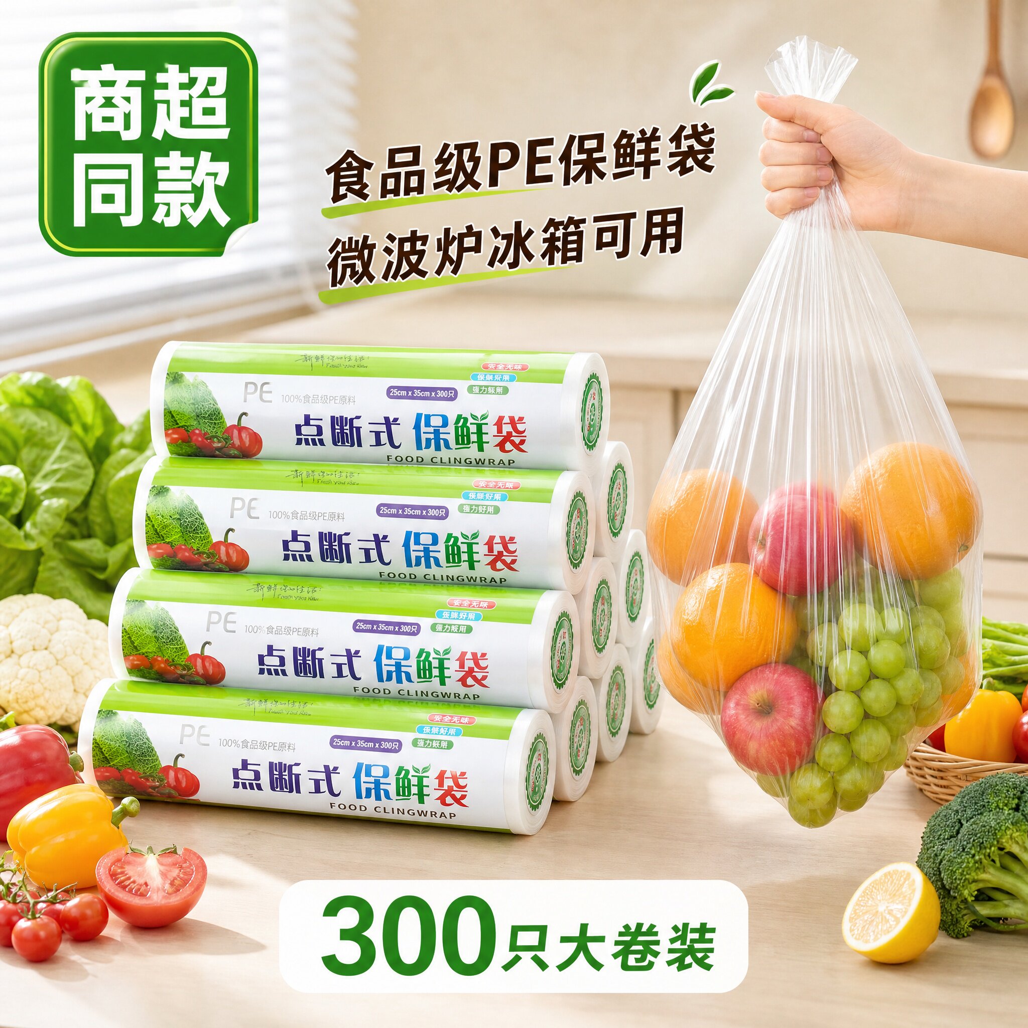 300只装断点式手撕加厚保鲜袋食品级家用耐高温食品包装袋塑料袋