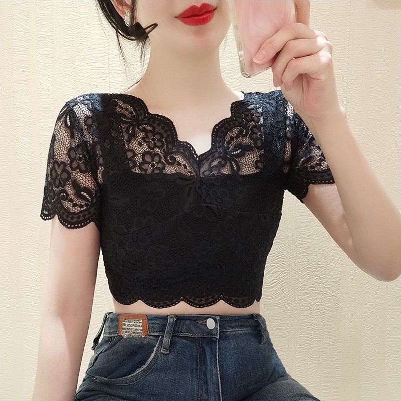 夏季蕾丝打底衫女短款抹胸内搭上衣薄款辣妹外穿性感花边镂空小衫