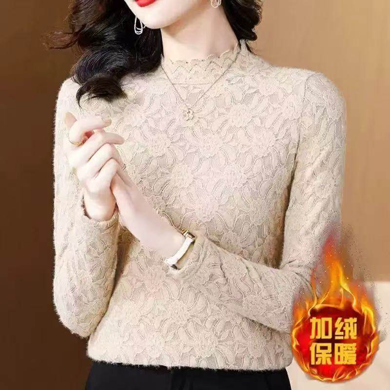 蕾丝打底衫高档弹力加绒磨毛女秋冬新款洋气半高领保暖长袖上衣女