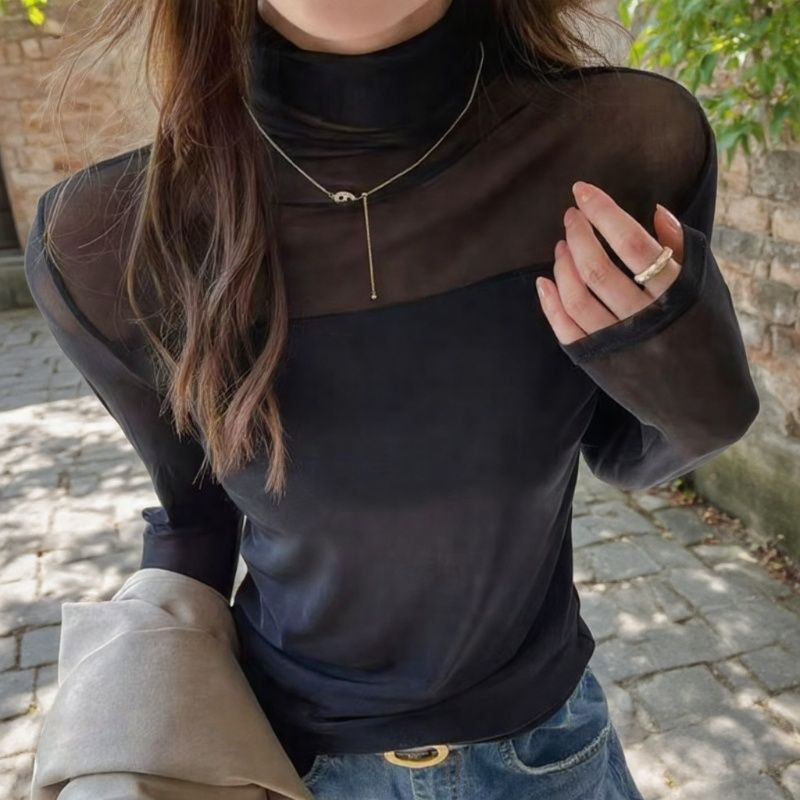 网纱拼接时尚半高领长袖套头衫气质修身上衣运动春秋打底衫减龄