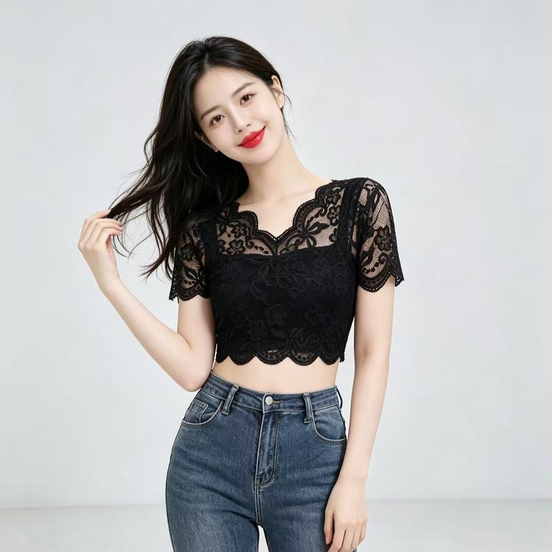 法式V领蕾丝衫短款上衣女时尚镂空遮手臂短袖叠穿连衣裙打底罩衫