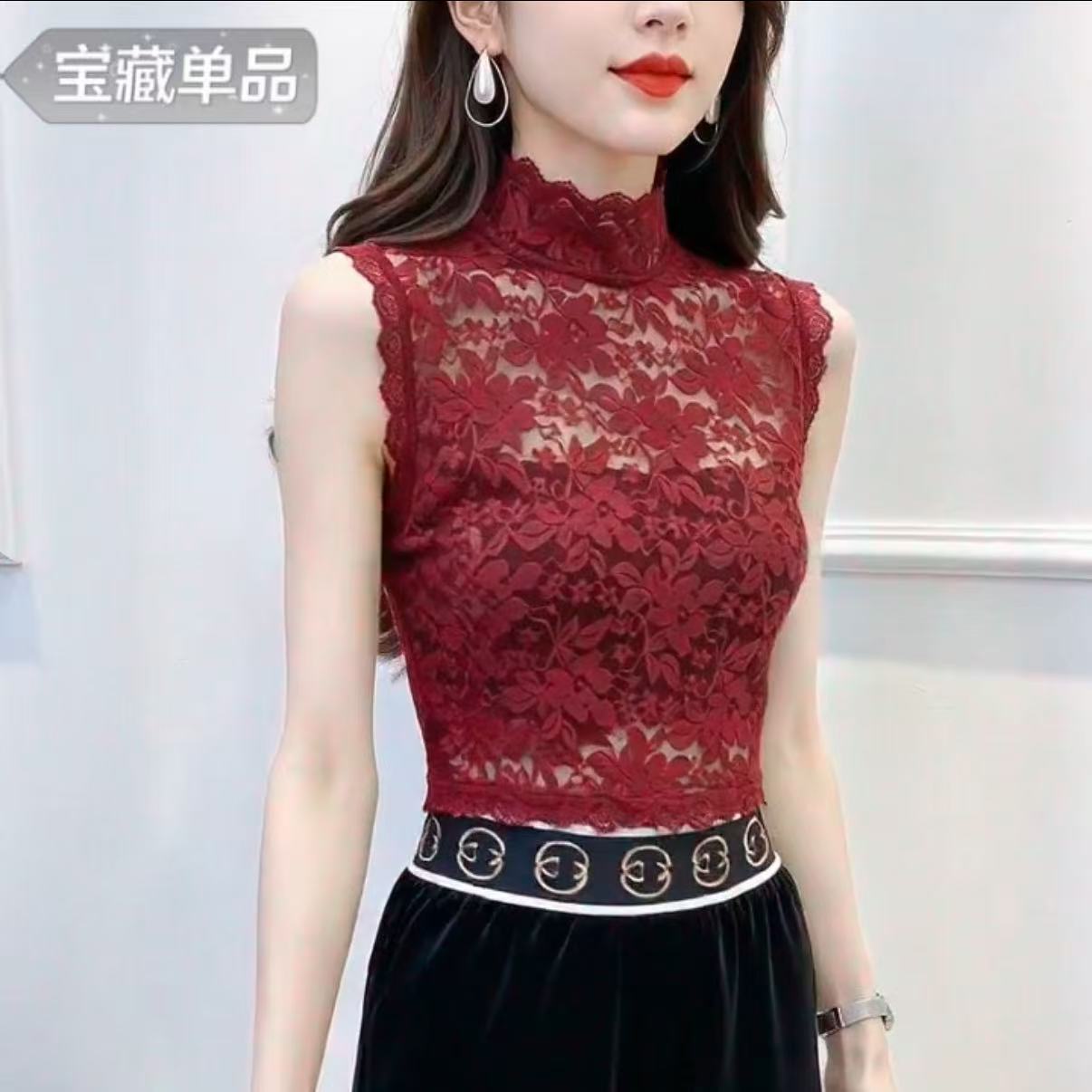 秋冬百搭时尚减龄蕾丝假领韩版背心无袖立领镂空打底衫