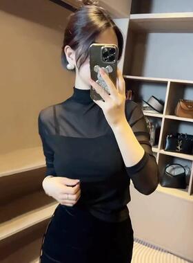 小半高领网纱黑色打底衫女士高端长袖T恤2025新款薄款上衣高级感