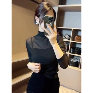 小半高领网纱黑色打底衫女士高端长袖T恤2025新款薄款上衣高级感