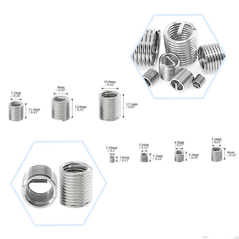 200pcs 304不锈钢钢丝螺套M3-M12螺纹嵌件护套螺旋型螺丝修复套筒