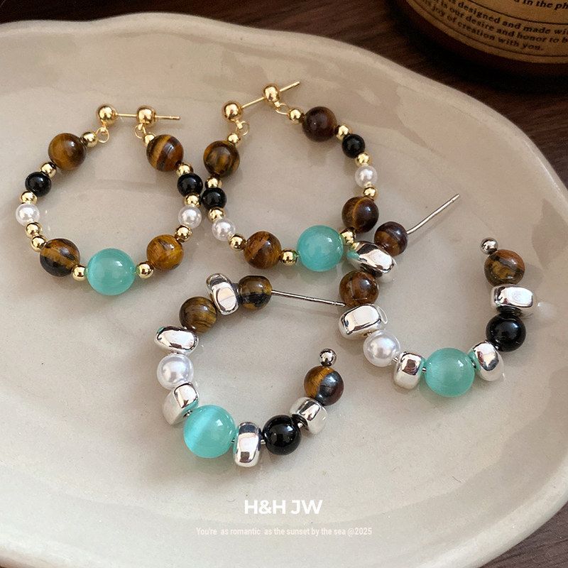 小众银针虎眼石耳钉高级感猫眼石设计感百搭珍珠气质耳饰耳环轻奢