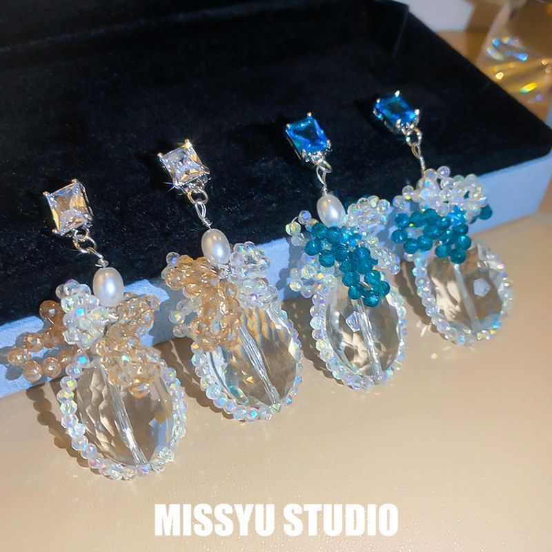 ！耳钉锆石绕晶复古耳环时尚珍珠耳饰方形银针宫廷风女彩珠蝴蝶结