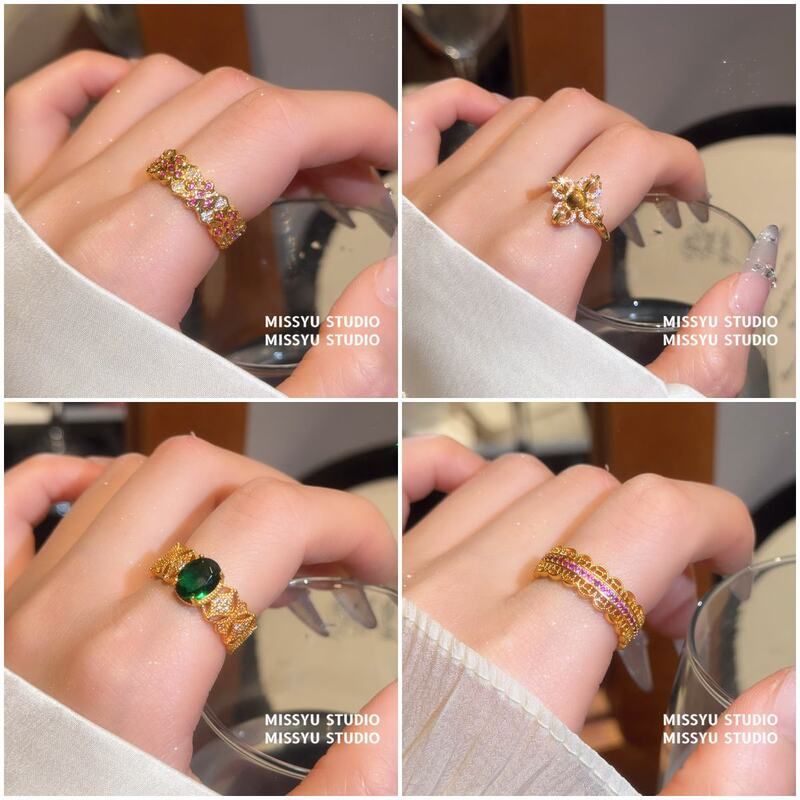 古董锆石感新中式花朵开手饰小众女指环戒指高级感气质祖母绿蛋形