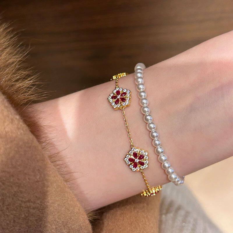 手环轻奢高级感真金18k花朵新中式复古批发锆石气质手链电镀手饰