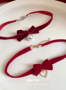 饰品蝴蝶结秋冬复古百搭气质项链绒布新年毛衣链choker红色女颈带
